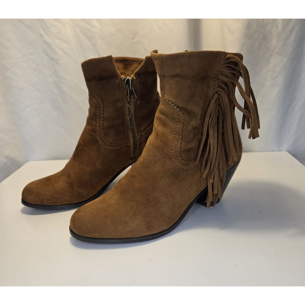 Sam Edelman Louie Brown Suede Zipper Back Fringed Heel Ankle Boots Womens 8M